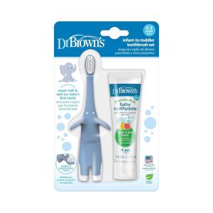 imageDr Browns InfanttoToddler Training Toothbrush Set Blue Elephant with FluorideFree Apple Pear Baby Toothpaste 03 yearsBlue Elephant with Toothpaste
