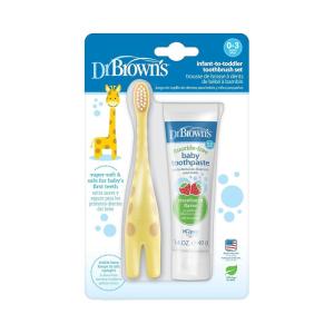 imageDr Browns InfanttoToddler Training Toothbrush Set Blue Elephant with FluorideFree Apple Pear Baby Toothpaste 03 yearsGiraffe with Toothpaste