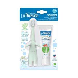 imageDr Browns InfanttoToddler Training Toothbrush Set Blue Elephant with FluorideFree Apple Pear Baby Toothpaste 03 yearsMint Elephant with Toothpaste