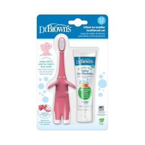 imageDr Browns InfanttoToddler Training Toothbrush Set Blue Elephant with FluorideFree Apple Pear Baby Toothpaste 03 yearsPink Elephant with Toothpaste