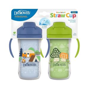 imageDr Browns Milestones Insulated Sippy Cup with Straw and Handles SpillProof Tumbler with Lid 2Pack Blue ampamp Green 10 oz300 mL BPA Free 12m2pack  Blue  Green