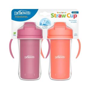 imageDr Browns Milestones Insulated Sippy Cup with Straw and Handles SpillProof Tumbler with Lid 2Pack Pink 10 oz300 mL BPA Free 12m2Pack  Pink