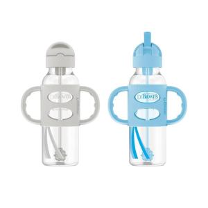 imageDr Browns Milestones Narrow Sippy Straw Bottle SpillProof with 100 Silicone Handles and Weighted Straw 8 oz250 mL Blue 6m1 Count Pack of 2