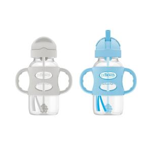 imageDr Browns Milestones WideNeck Sippy Straw Bottle with 100 Silicone Handles and Weighted Straw 9 oz270 mL Green 6mGray  Blue