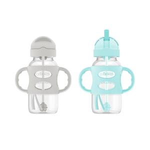 imageDr Browns Milestones WideNeck Sippy Straw Bottle with 100 Silicone Handles and Weighted Straw 9 oz270 mL Green 6mGray  Green