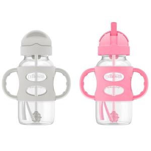imageDr Browns Milestones WideNeck Sippy Straw Bottle with 100 Silicone Handles and Weighted Straw 9 oz270 mL Green 6mGray  Pink