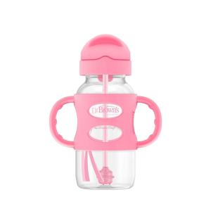 imageDr Browns Milestones WideNeck Sippy Straw Bottle with 100 Silicone Handles and Weighted Straw 9 oz270 mL Green 6mPink