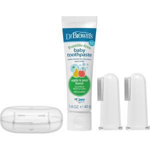 imageDr Browns Silicone Finger Toothbrush for Baby with TravelStorage Case 3m Gray and Yellow 2PackFinger Toothbrush  Apple Pear Toothpaste