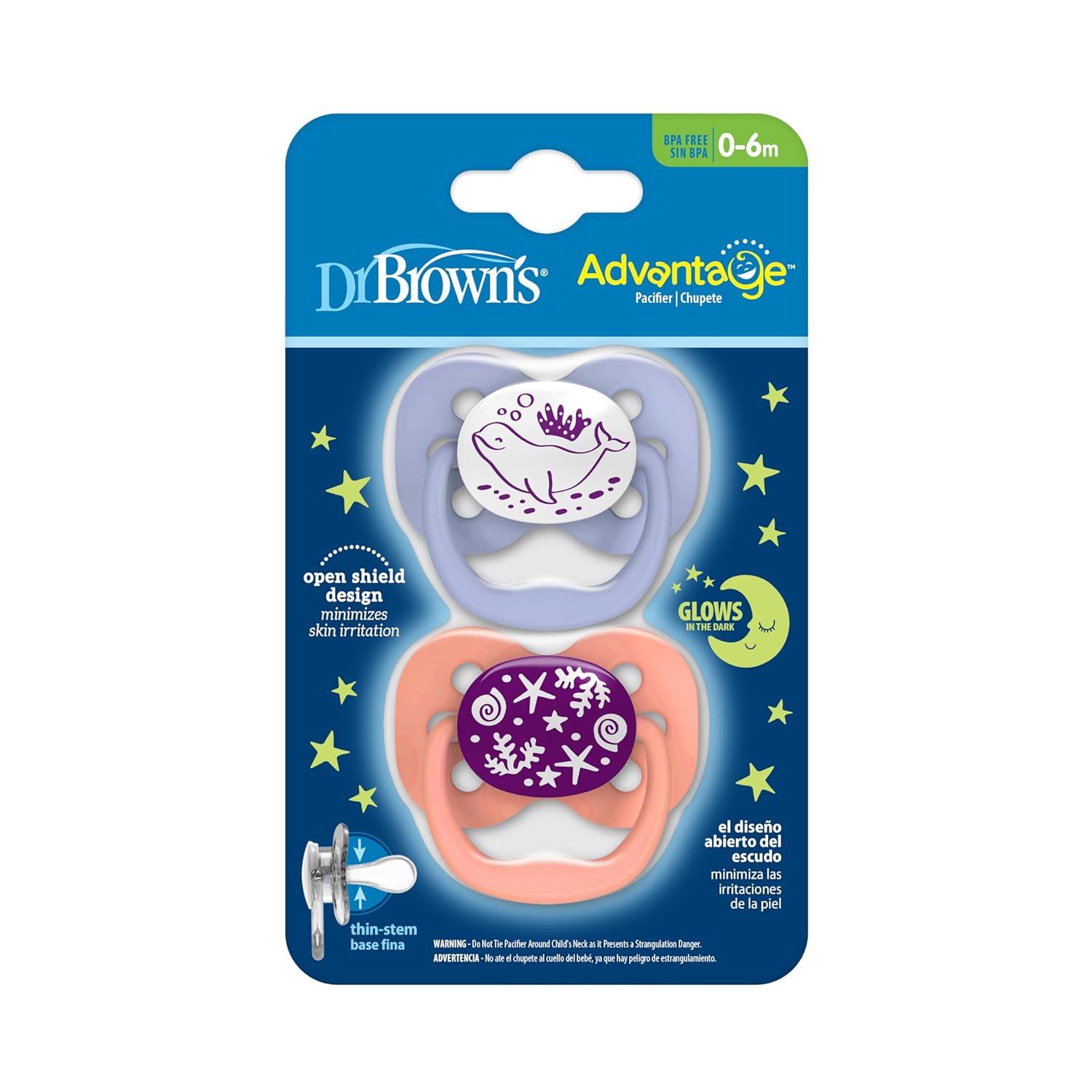 imageDr Browns Advantage GlowintheDark Baby Pacifier Fully Symmetrical Soother with Soft Silicone Bulb Coral Ocean 06m BPA Free 2 Pack2 Pack  GlowintheDark Coral Ocean
