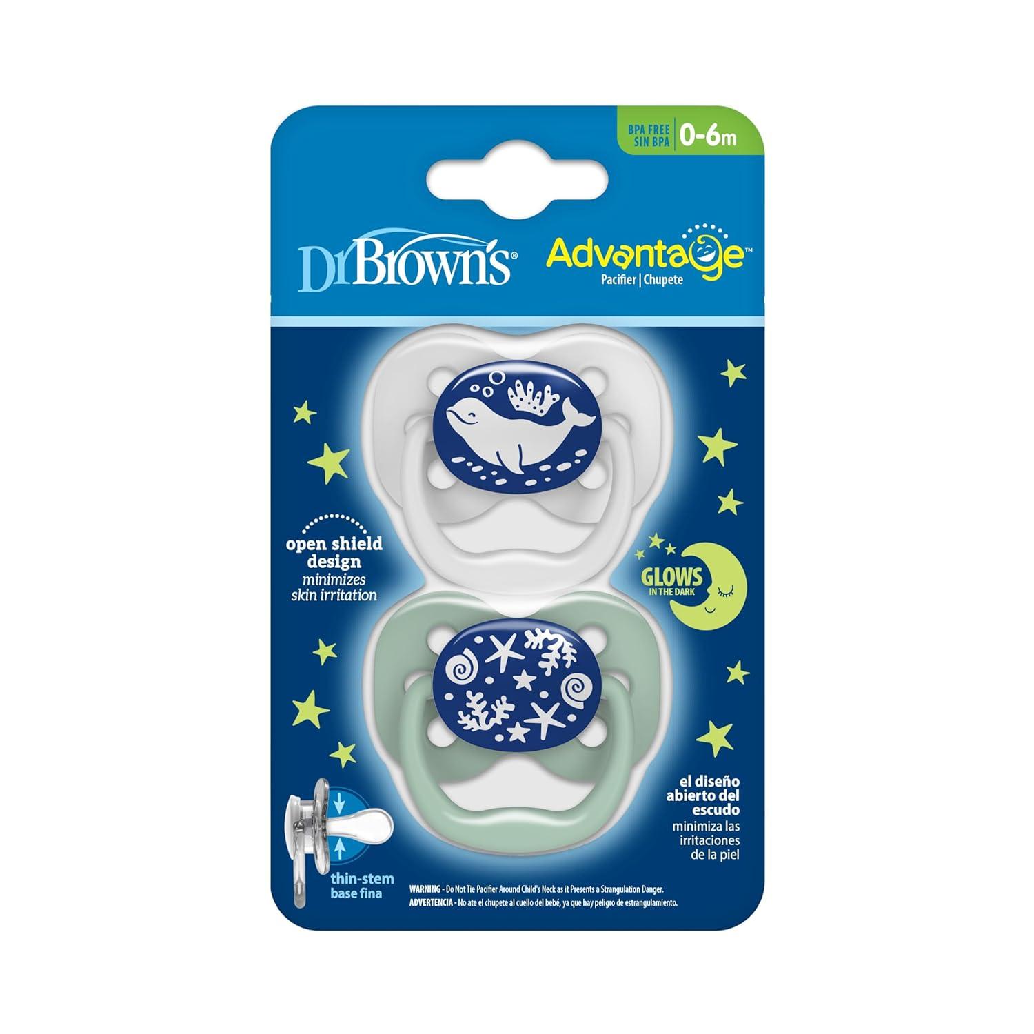 imageDr Browns Advantage GlowintheDark Baby Pacifier Fully Symmetrical Soother with Soft Silicone Bulb Coral Ocean 06m BPA Free 2 Pack4 Pack  GlowintheDark Blue SunriseBlue Ocean