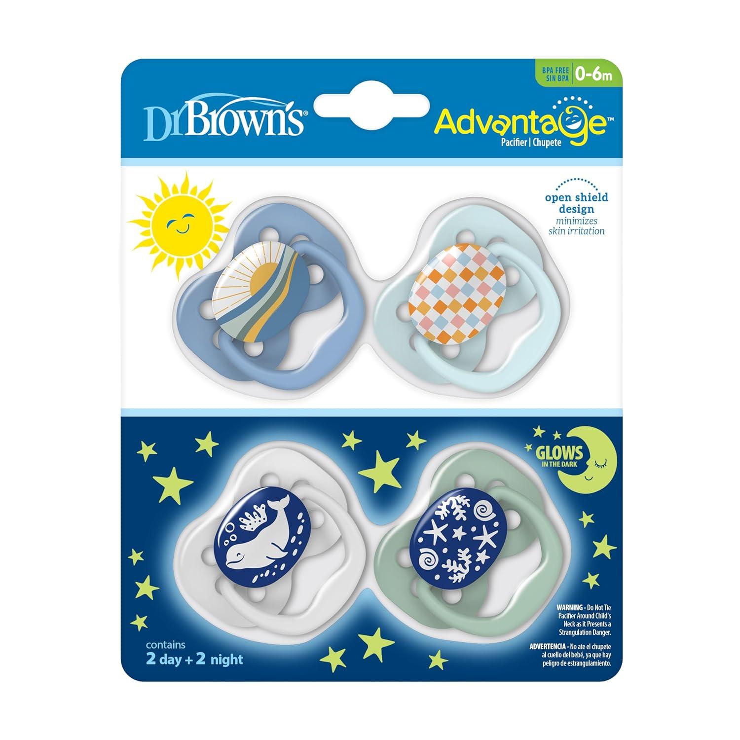imageDr Browns Advantage GlowintheDark Baby Pacifier Fully Symmetrical Soother with Soft Silicone Bulb Coral Ocean 06m BPA Free 2 Pack4 Pack  GlowintheDark Blue OceanBlue Sunrise