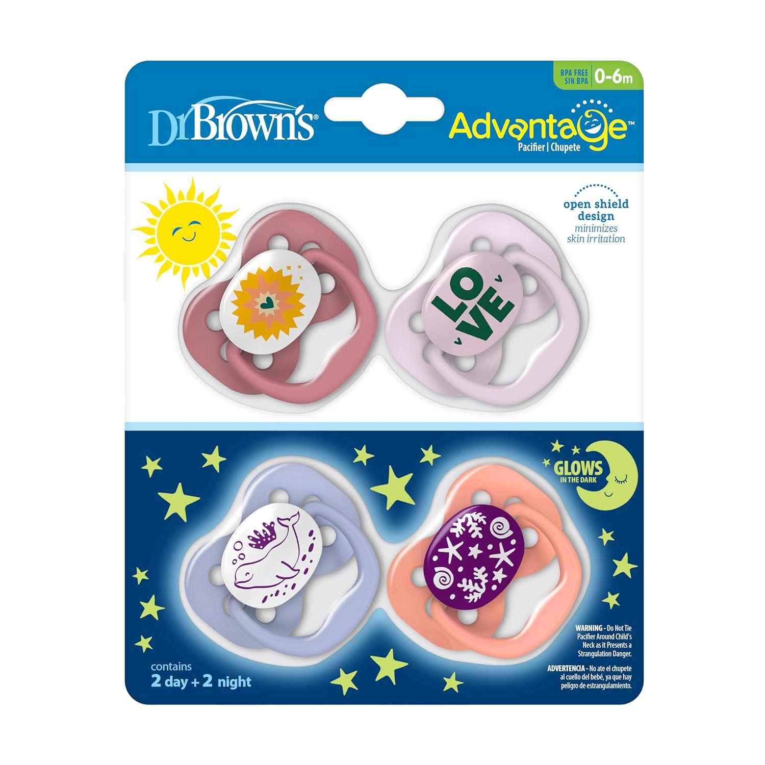 imageDr Browns Advantage GlowintheDark Baby Pacifier Fully Symmetrical Soother with Soft Silicone Bulb Coral Ocean 06m BPA Free 2 Pack4 Pack  GlowintheDark Coral OceanLavendar Love