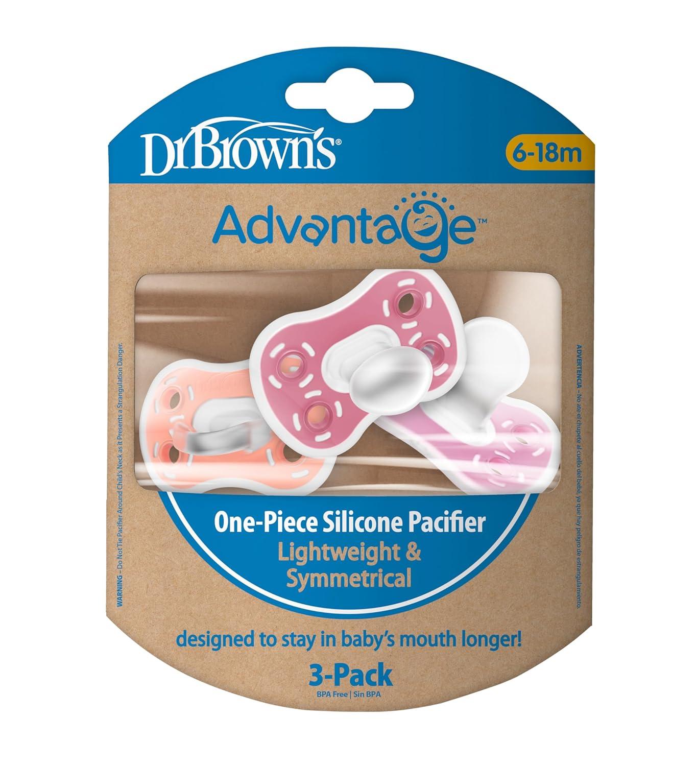 imageDr Browns Advantage OnePiece Silicone Baby Pacifier Fully Symmetrical Soother CoralLight PinkPink 618m BPA Free 3 Pack3 Pack  CoralLight PinkPink