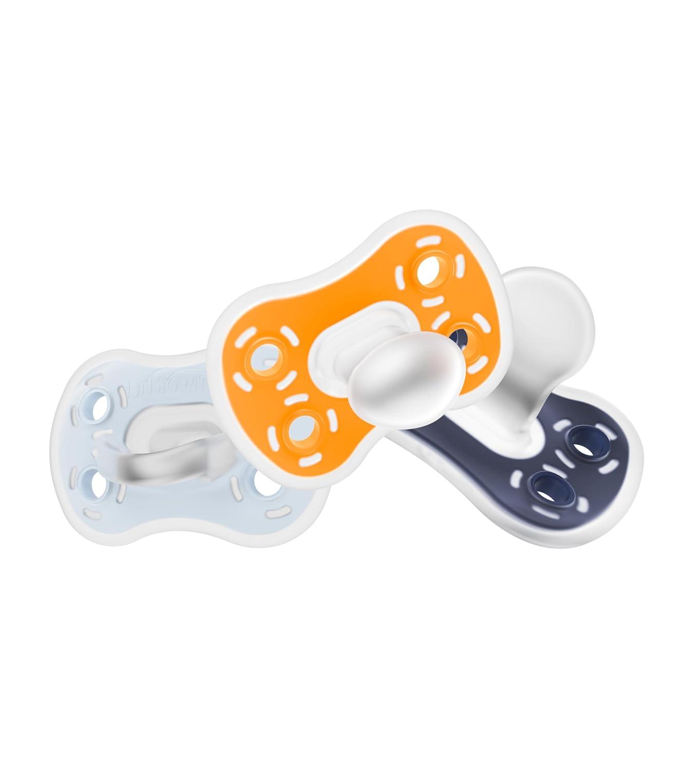 imageDr Browns Advantage OnePiece Silicone Baby Pacifier Fully Symmetrical Soother CoralLight PinkPink 618m BPA Free 3 Pack3 Pack  Dark BlueLight BlueOrange