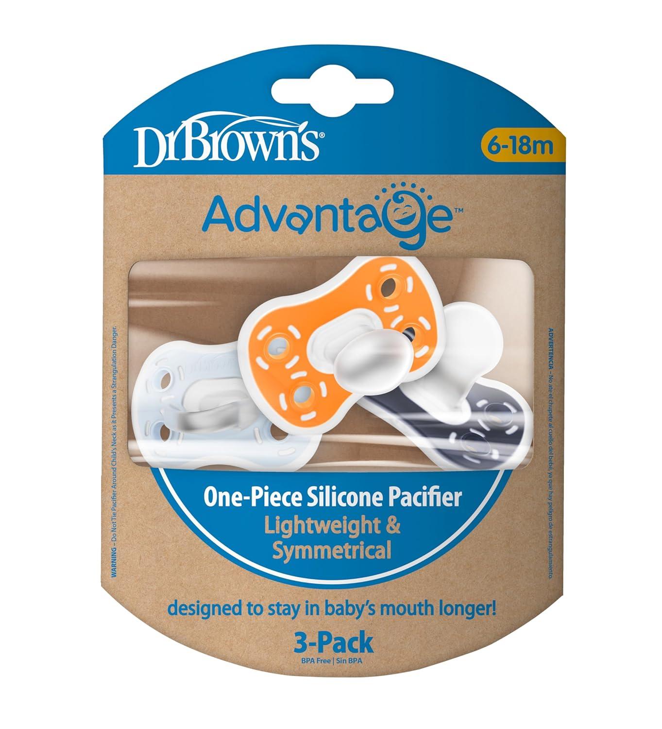 imageDr Browns Advantage OnePiece Silicone Baby Pacifier Fully Symmetrical Soother CoralLight PinkPink 618m BPA Free 3 Pack3 Pack  Dark BlueLight BlueOrange
