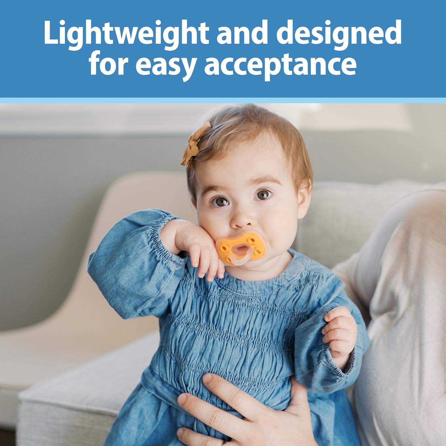 imageDr Browns Advantage OnePiece Silicone Baby Pacifier Fully Symmetrical Soother CoralLight PinkPink 618m BPA Free 3 Pack3 Pack  Dark BlueLight BlueOrange