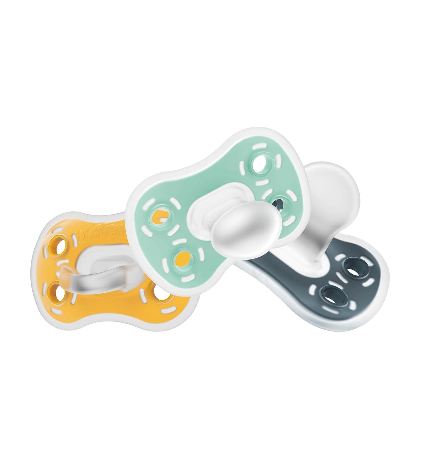 imageDr Browns Advantage OnePiece Silicone Baby Pacifier Fully Symmetrical Soother CoralLight PinkPink 618m BPA Free 3 Pack3 Pack  Dark GrayGreenYellow