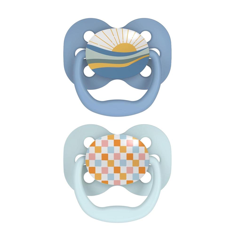 imageDr Browns Advantage GlowintheDark Baby Pacifier Fully Symmetrical Soother with Soft Silicone Bulb Coral Ocean 06m BPA Free 2 Pack2 Pack  Blue Sunrise