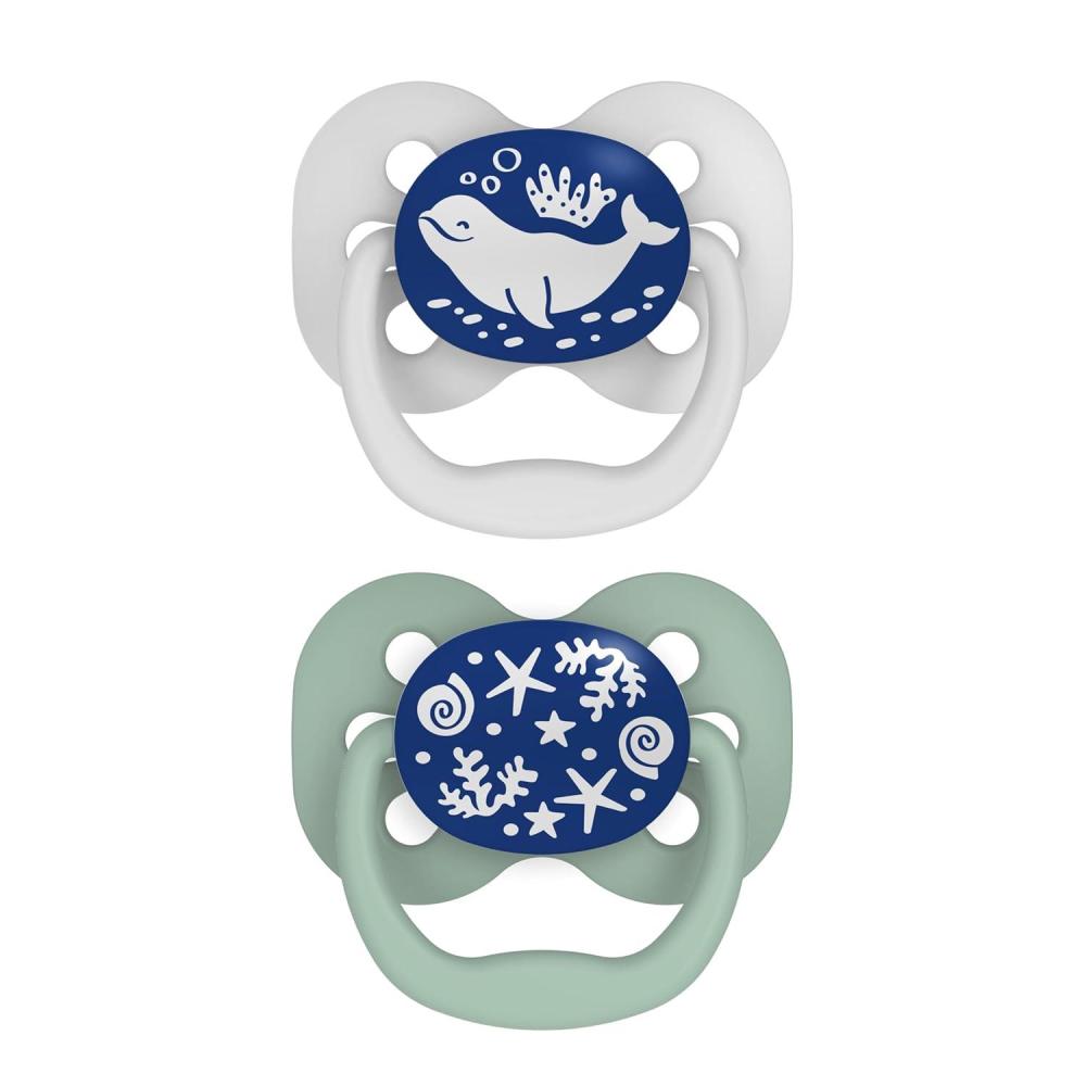 imageDr Browns Advantage GlowintheDark Baby Pacifier Fully Symmetrical Soother with Soft Silicone Bulb Coral Ocean 06m BPA Free 2 Pack2 Pack  GlowintheDark Blue Ocean