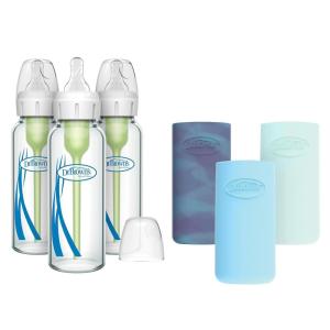 imageDr Browns AntiColic Options Narrow Glass Baby Bottle Starter Set with Silicone Bottle Sleeves Levels 1 2 and 3 Nipples Soft Touch Cleaning Brush StorageTravel Caps and HappyPaci1 Count Pack of 3