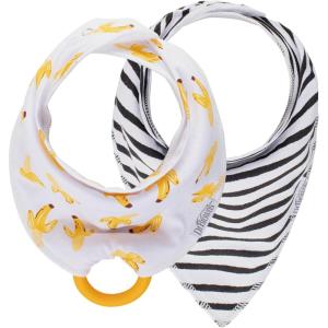 imageDr Browns Super Soft ampamp Absorbent Baby Bandana Bib with SnapOn Teether 3m 2PackBlack Stripes  Bananas