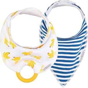 imageDr Browns Super Soft ampamp Absorbent Baby Bandana Bib with SnapOn Teether 3m 2PackNavy Stripes  Bananas