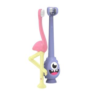 imageDr Browns ToothScrubber Toothbrush ThreeSided Toddler Training Toothbrush for Ages 14 Years with Suction Cup Base and Color Changing Bristles2 Pack  Toddler Toothbrush  Purple Monster  Flamingo