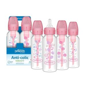 imageDr Browns Natural Flow AntiColic Options Narrow Baby Bottle Dream Adventure 8 oz250 mL with Level 1 Slow Flow Nipple 0m 4 Count Pack of 14 Pack  8oz  Pink Floral