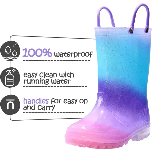 K KomForme Toddler Light Up Rain Boots for Girls Boys Patterns and Glitter Waterproof Rain Boots with Handles Outdoors