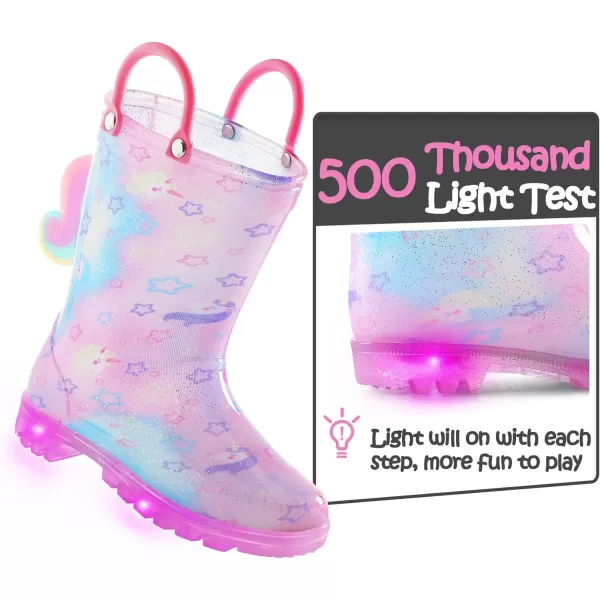 K KomForme Toddler Light Up Rain Boots for Girls Boys Patterns and Glitter Waterproof Rain Boots with Handles Outdoors