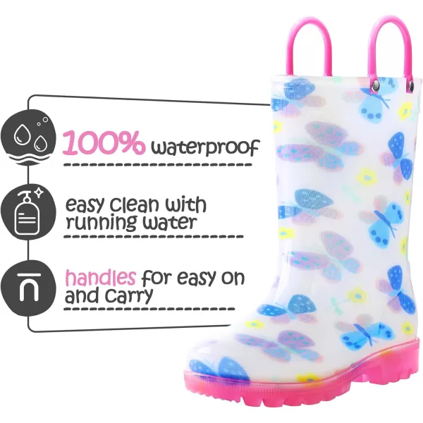 K KomForme Toddler Light Up Rain Boots for Girls Boys Patterns and Glitter Waterproof Rain Boots with Handles Outdoors
