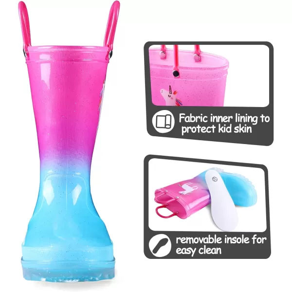 K KomForme Toddler Light Up Rain Boots for Girls Boys Patterns and Glitter Waterproof Rain Boots with Handles Outdoors