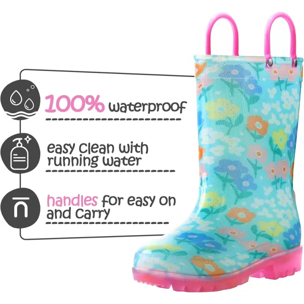 K KomForme Toddler Light Up Rain Boots for Girls Boys Patterns and Glitter Waterproof Rain Boots with Handles Outdoors