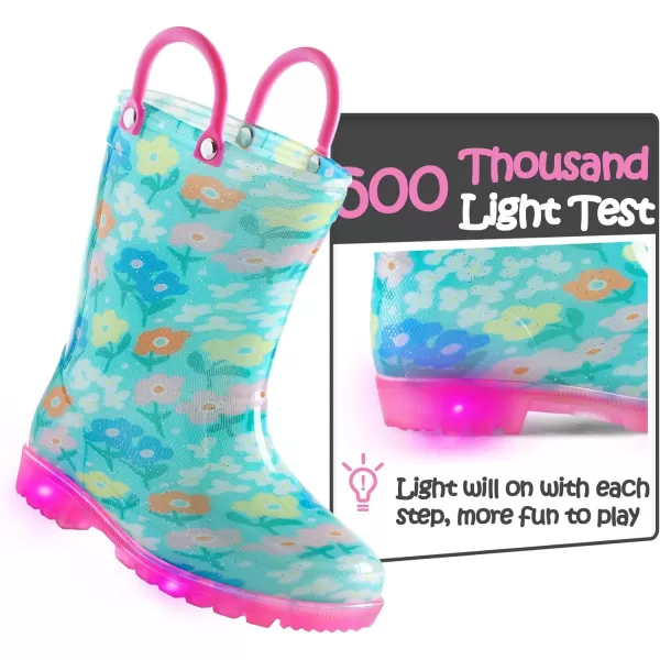 K KomForme Toddler Light Up Rain Boots for Girls Boys Patterns and Glitter Waterproof Rain Boots with Handles Outdoors