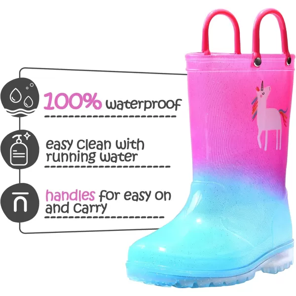 K KomForme Toddler Light Up Rain Boots for Girls Boys Patterns and Glitter Waterproof Rain Boots with Handles Outdoors