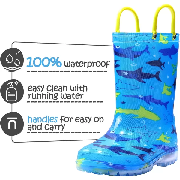 K KomForme Toddler Light Up Rain Boots for Girls Boys Patterns and Glitter Waterproof Rain Boots with Handles Outdoors