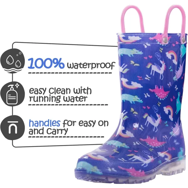 K KomForme Toddler Light Up Rain Boots for Girls Boys Patterns and Glitter Waterproof Rain Boots with Handles Outdoors