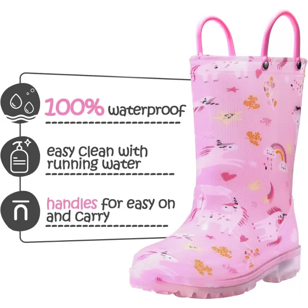 K KomForme Toddler Light Up Rain Boots for Girls Boys Patterns and Glitter Waterproof Rain Boots with Handles Outdoors