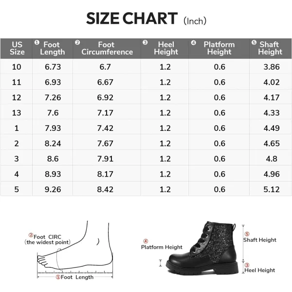 K KomForme Girls Glitter Ankle Boots Lace Up Waterproof Combat Shoes With Side Zipper for Toddler/Little Kid/Big Kid