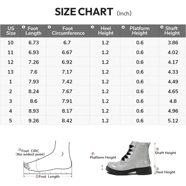 K KomForme Girls Glitter Ankle Boots Lace Up Waterproof Combat Shoes With Side Zipper for Toddler/Little Kid/Big Kid