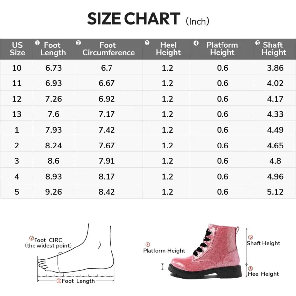 K KomForme Girls Glitter Ankle Boots Lace Up Waterproof Combat Shoes With Side Zipper for Toddler/Little Kid/Big Kid