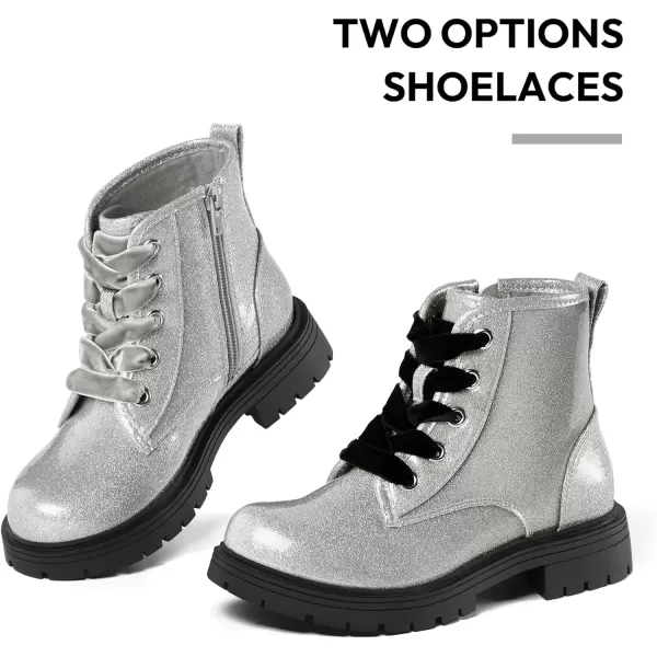 K KomForme Girls Glitter Ankle Boots Lace Up Waterproof Combat Shoes With Side Zipper for Toddler/Little Kid/Big Kid