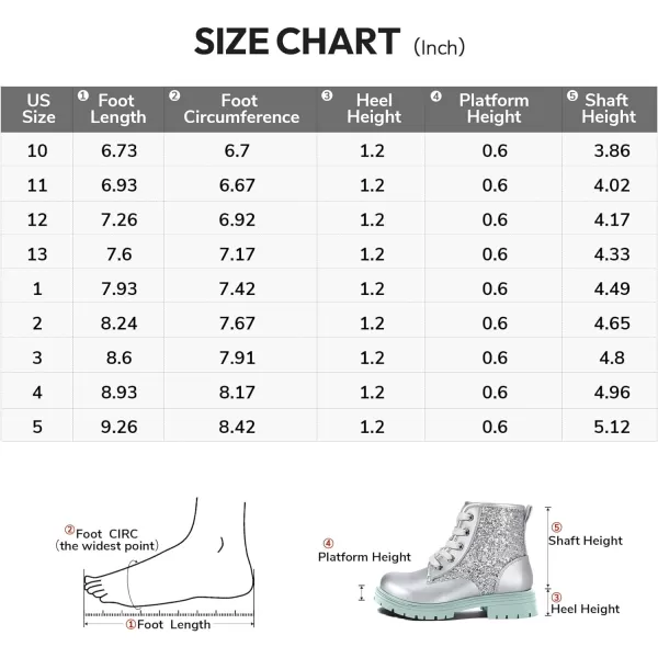 K KomForme Girls Glitter Ankle Boots Lace Up Waterproof Combat Shoes With Side Zipper for Toddler/Little Kid/Big Kid