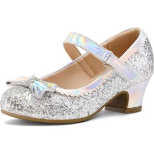 imageK KomForme Girls Dress Shoes Mary Jane Glitter 15 in Low Heel Wedding Party Princess Shoes for ToddlerLittleBig KidsIridescent Silver