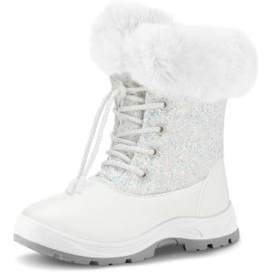 imageK KomForme Girls Glitter Snow Boots Kids Bungee Lacing Warm Faux FurLined AntiSlip Outdoor Winter Shoes ToddlerLittle KidBig KidWhite