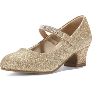 imageK KomForme Mary Jane Shoes with Low Heel Rhinestones Princess Flats Dress Pump Shoes for Little KidBig KidGold Glitter