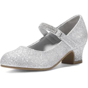imageK KomForme Mary Jane Shoes with Low Heel Rhinestones Princess Flats Dress Pump Shoes for Little KidBig KidSilver Glitter