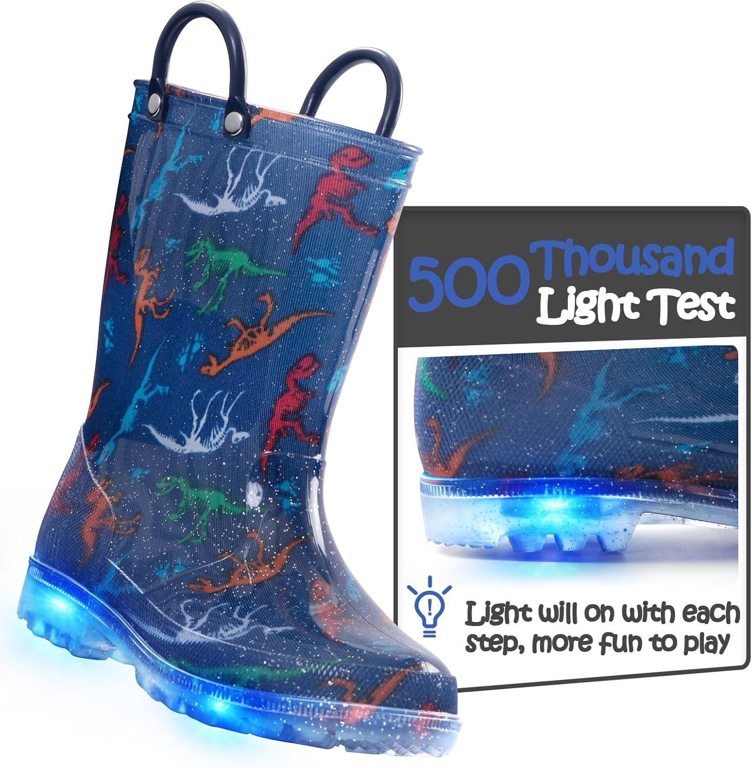 imageK KomForme Toddler Light Up Rain Boots Patterns and Glitter Rain Boots for Girls Boys with HandlesBlue Dinosaur Group3