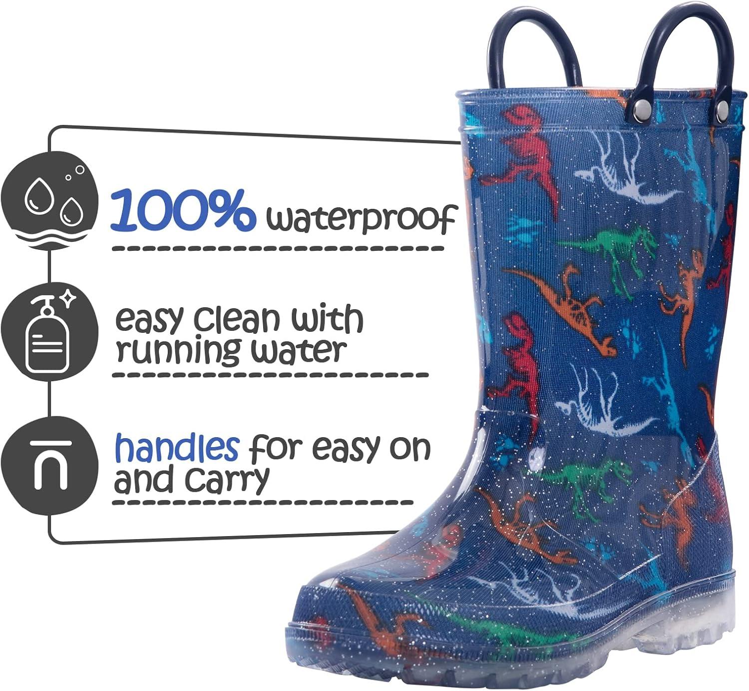 imageK KomForme Toddler Light Up Rain Boots Patterns and Glitter Rain Boots for Girls Boys with HandlesBlue Dinosaur Group3