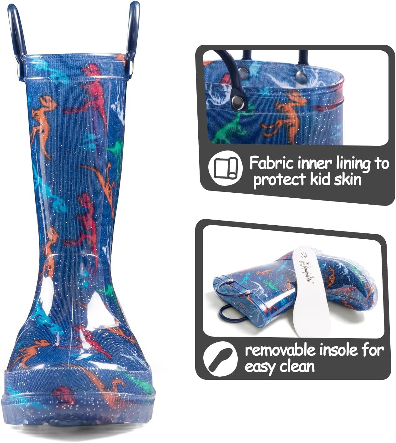 imageK KomForme Toddler Light Up Rain Boots Patterns and Glitter Rain Boots for Girls Boys with HandlesBlue Dinosaur Group3
